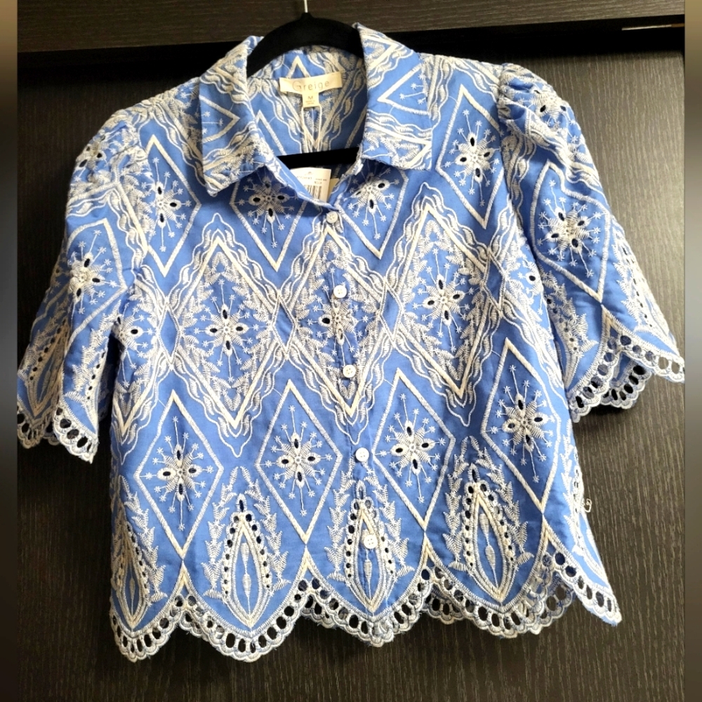Blue and White Embroidered Blouse